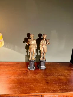 New Pamono Youth Candlesticks in Brass on Black Porcelain Bases, 1920s, Set of 2