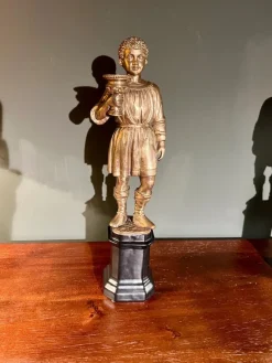 New Pamono Youth Candlesticks in Brass on Black Porcelain Bases, 1920s, Set of 2