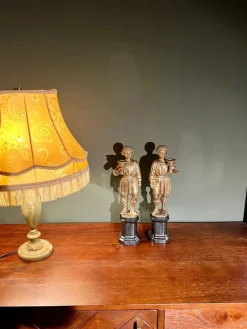 New Pamono Youth Candlesticks in Brass on Black Porcelain Bases, 1920s, Set of 2