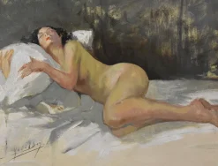 Pamono Yves Diey, Nude Woman Lying, 20th Century, Oil Painting> Art Deco
