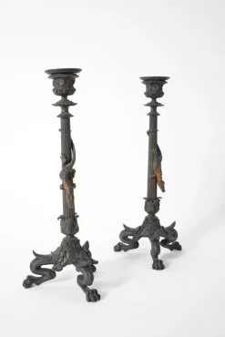 Pamono Zoomorphic Bronze Candleholders, 19th Century, Set of 2> Candleholders